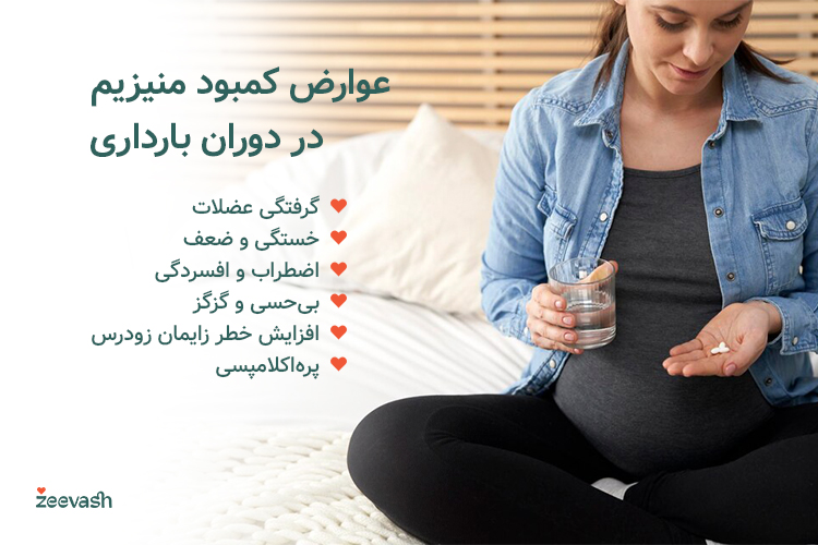 از جمله عوارض کمبود منیزیم در دوران بارداری می‌توان به گرفتگی عضلات، خستگی، اضطراب و افسردگی اشاره کرد.